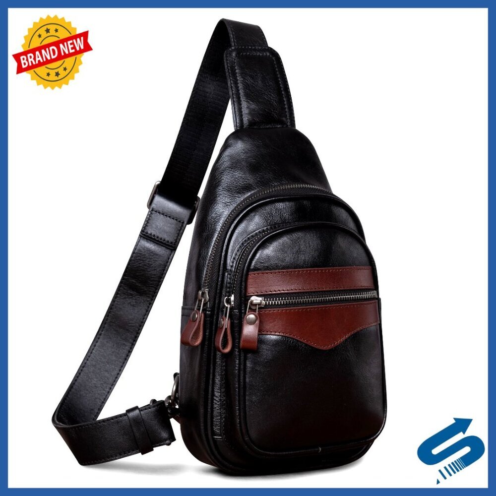 Genuine Leather Crossbody Sling Bag Unisex Daypack Anti-Theft Pockets